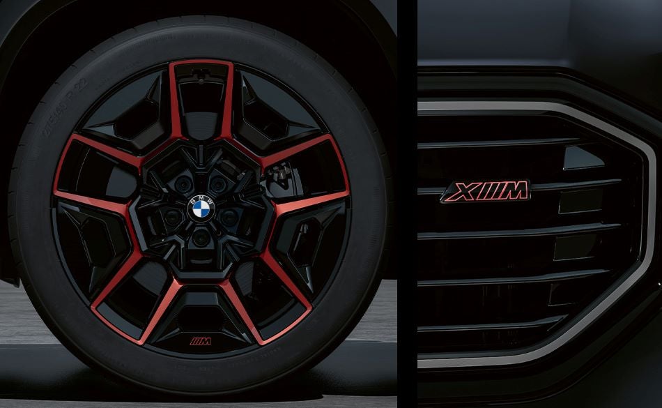 Detailed images of exclusive 22” M Wheels with red accents and XM badging on Illuminated Kidney Grille. in BMW of Tallahassee | Tallahassee FL