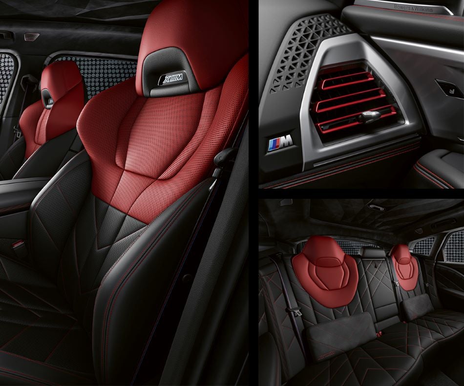 Detail of front seats, clad in exclusive BMW Individual Fiona Red & Black Merino Leather with exclusive M Signature Trim and red stitching and accents. Detail of red accented vent. Detail of rear M Lounge with exclusive XM pillows in BMW of Tallahassee | Tallahassee FL
